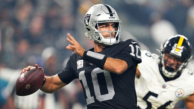 LAS VEGAS, NEVADA - SEPTEMBER 24: Jimmy Garoppolo #10 of the Las Vegas Raiders throws a pass in the game against the Pittsburgh Steelers during the third quarter at Allegiant Stadium on September 24, 2023 in Las Vegas, Nevada.