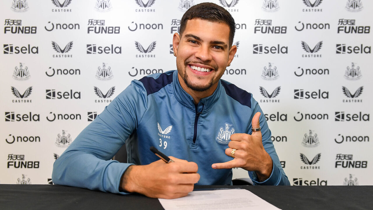NEWCASTLE UPON TYNE, ENGLAND - OCTOBER 07: Bruno Guimaraes signs a new contract at Newcastle United FC, pictured at the Newcastle United Training Centre on October 07, 2023 in Newcastle upon Tyne, England.