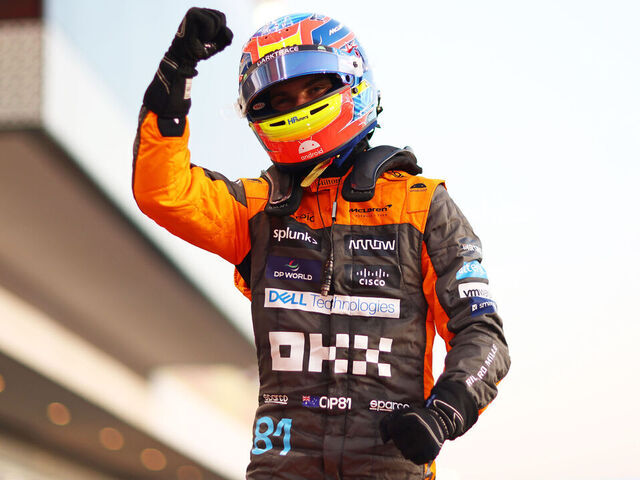 LUSAIL CITY, QATAR - OCTOBER 07: Sprint Shootout fastest qualifier Oscar Piastri of Australia and McLaren celebrates in parc ferme during the Sprint Shootout ahead of the F1 Grand Prix of Qatar at Lusail International Circuit on October 07, 2023 in Lusail City, Qatar.