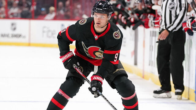 OTTAWA, CANADA - OCTOBER 20: Josh Norris #9 of the Ottawa Senators skates against the Washington Capitals at Canadian Tire Centre on October 20, 2022 in Ottawa, Ontario, Canada.