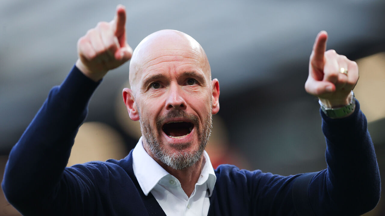 MANCHESTER, ENGLAND - OCTOBER 07: Erik ten Hag, manager of Manchester United, celebrates at full-time during the Premier League match between Manchester United and Brentford FC at Old Trafford on October 07, 2023 in Manchester, England.