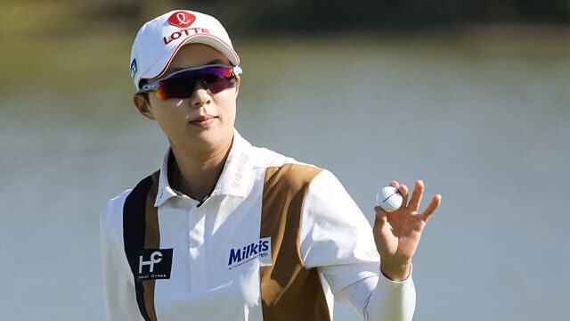 THE COLONY, TEXAS - OCTOBER 07: Hyo Joo Kim of South Korea reacts on the 18th green during the third round of The Ascendant LPGA benefiting Volunteers of America at Old American Golf Club on October 07, 2023 in The Colony, Texas.