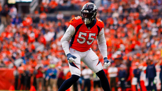 DENVER, CO - SEPTEMBER 10: Linebacker Frank Clark #55 of the Denver Broncos defends on the play during the second quarter against the Las Vegas Raiders at Empower Field at Mile High on September 10, 2023 in Denver, Colorado.