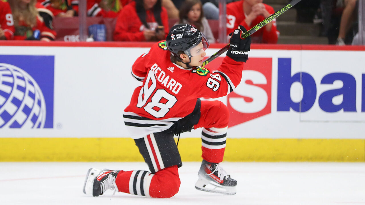 CHICAGO, IL - OCTOBER 03: Chicago Blackhawks center Connor Bedard (98) in action during a game between the Detroit Red Wings and the Chicago Blackhawks on October 3, 2023 at the United Center in Chicago, IL.