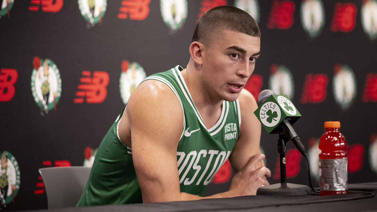 BOSTON, MASSACHUSETTS - OCTOBER 2: Payton Pritchard #11 of the Boston Celtics speaks to the media during Boston Celtics Media Day at The Auerbach Center on October 2, 2023 in Boston, Massachusetts.
