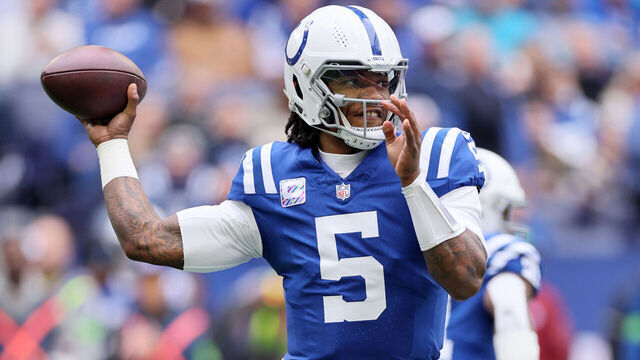 INDIANAPOLIS, INDIANA - OCTOBER 08: Anthony Richardson #5 of the Indianapolis Colts throws a pass against the Tennessee Titans during the first quarter at Lucas Oil Stadium on October 08, 2023 in Indianapolis, Indiana.
