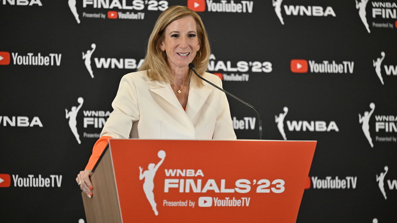 LAS VEGAS, NV - OCTOBER 8: WNBA Commissioner Cathy Engelbert addresses the media before Game 1 of the 2023 WNBA Finals on October 8, 2023 at the Michelob ULTRA Arena in Las Vegas, Nevada. Mandatory Copyright Notice: Copyright 2023 NBAE