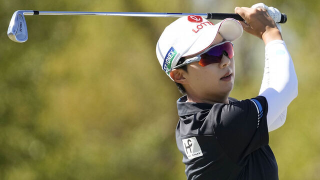 THE COLONY, TEXAS - OCTOBER 08: Hyo Joo Kim of South Korea plays her shot from the 16th tee during the final round of The Ascendant LPGA benefiting Volunteers of America at Old American Golf Club on October 08, 2023 in The Colony, Texas.