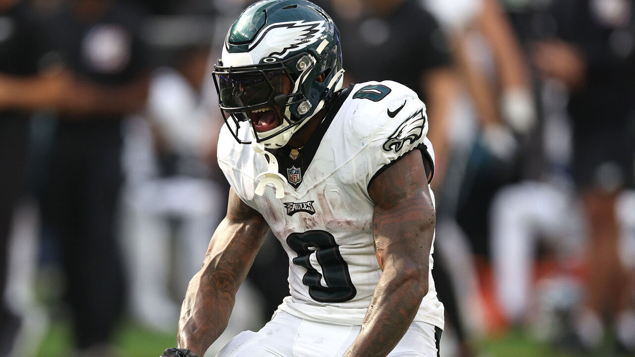 INGLEWOOD, CALIFORNIA - OCTOBER 08: D'Andre Swift #0 of the Philadelphia Eagles reacts after running for a first down in the fourth quarter against the Los Angeles Rams at SoFi Stadium on October 08, 2023 in Inglewood, California.