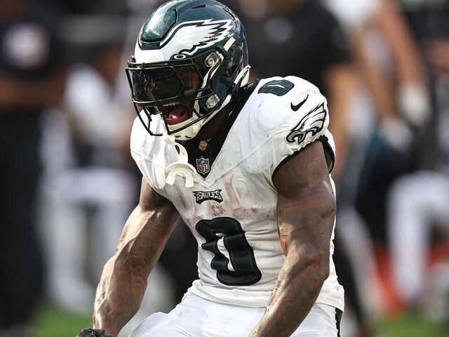 INGLEWOOD, CALIFORNIA - OCTOBER 08: D'Andre Swift #0 of the Philadelphia Eagles reacts after running for a first down in the fourth quarter against the Los Angeles Rams at SoFi Stadium on October 08, 2023 in Inglewood, California.