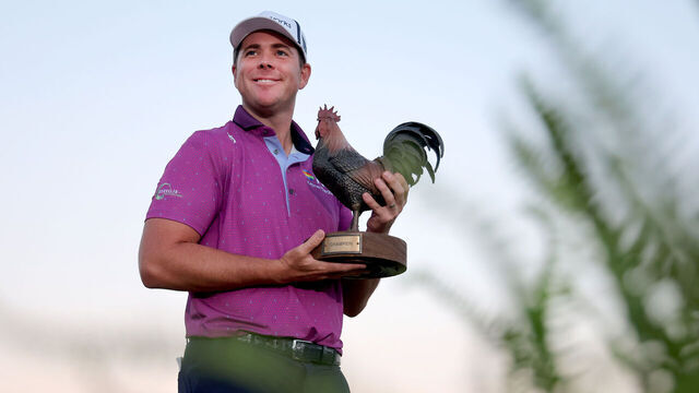 JACKSON, MISSISSIPPI - OCTOBER 08: Luke List of the United States poses with the trophy after winning the Sanderson Farms Championship at The Country Club of Jackson on October 08, 2023 in Jackson, Mississippi.