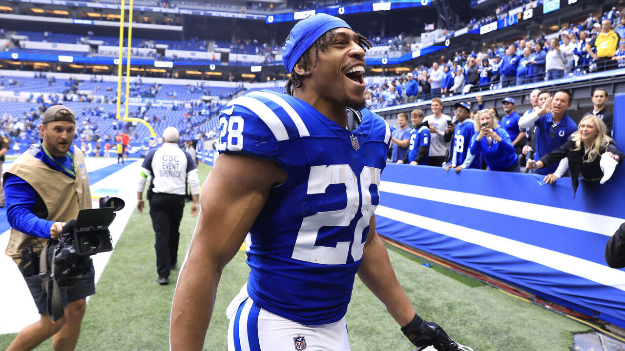 INDIANAPOLIS, INDIANA - OCTOBER 08: Jonathan Taylor #28 of the Indianapolis Colts reacts after a game against the Tennessee Titans at Lucas Oil Stadium on October 08, 2023 in Indianapolis, Indiana.