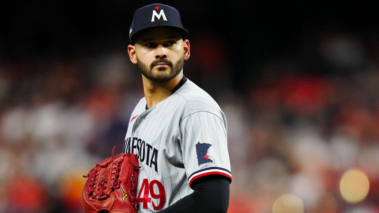 HOUSTON, TX - OCTOBER 08: Pablo Lopez #49 of the Minnesota Twins pitches during Game 2 of the Division Series between the Minnesota Twins and the Houston Astros at Minute Maid Park on Sunday, October 8, 2023 in Houston, Texas.