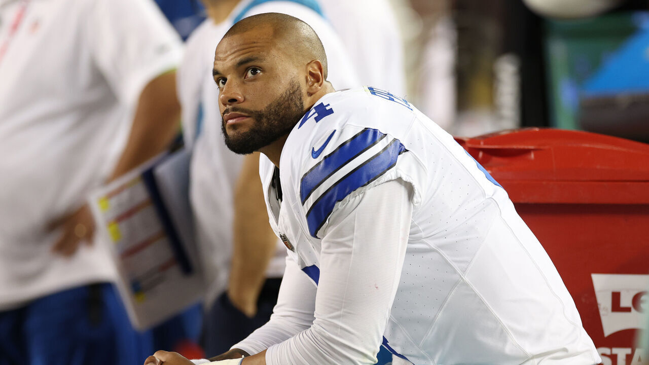 SANTA CLARA, CALIFORNIA - OCTOBER 08: Dak Prescott #4 of the Dallas Cowboys reacts on the bench during the fourth quarter against the San Francisco 49ers at Levi's Stadium on October 08, 2023 in Santa Clara, California.