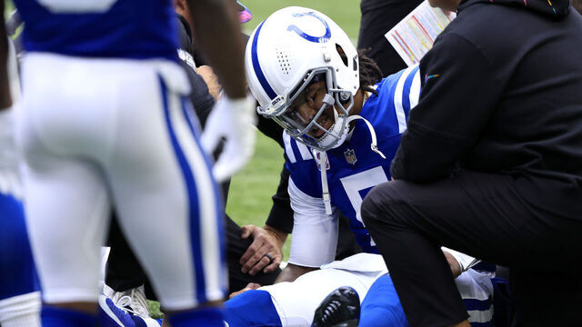 INDIANAPOLIS, INDIANA - OCTOBER 08: Anthony Richardson #5 of the Indianapolis Colts reacts after an injury during the play against the Tennessee Titans during the second quarter at Lucas Oil Stadium on October 08, 2023 in Indianapolis, Indiana.
