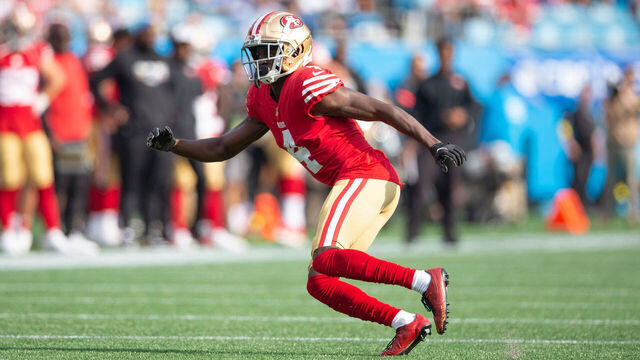 CHARLOTTE, NC - OCTOBER 9: Emmanuel Moseley #4 of the San Francisco 49ers defends during the game against the Carolina Panthers at Bank of America Stadium on October 9, 2022 in Charlotte, North Carolina. The 49ers defeated the Panthers 37-15.