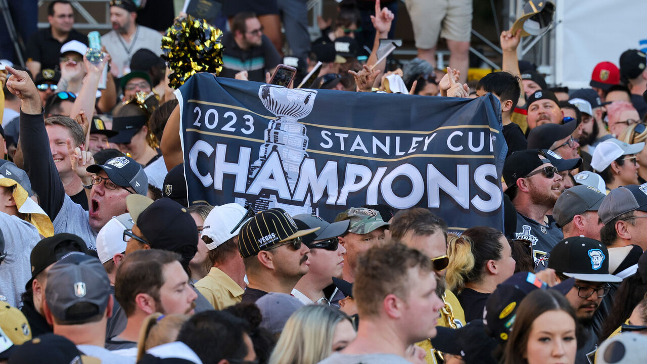 LAS VEGAS, NEVADA - JUNE 17: Fans gather for a victory parade and rally for the Vegas Golden Knights outside T-Mobile Arena on June 17, 2023 in Las Vegas, Nevada. The Golden Knights defeated the Florida Panthers four games to one to win the 2023 NHL Stanley Cup Final.