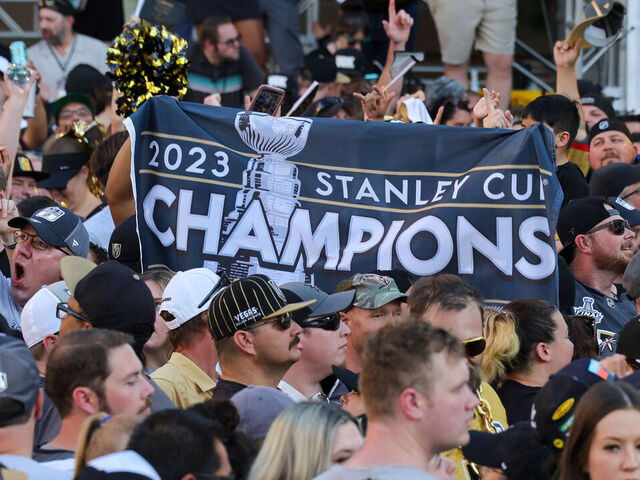 LAS VEGAS, NEVADA - JUNE 17: Fans gather for a victory parade and rally for the Vegas Golden Knights outside T-Mobile Arena on June 17, 2023 in Las Vegas, Nevada. The Golden Knights defeated the Florida Panthers four games to one to win the 2023 NHL Stanley Cup Final.