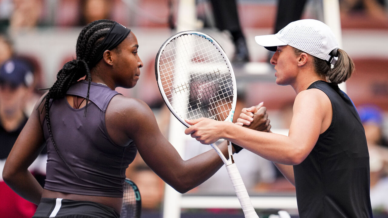 BEIJING, CHINA - OCTOBER 7: Coco Gauff of the United States shakes hands with Iga Swiatek of Poland during the Women's Singles semifinal match during day 12 of the 2023 China Open at National Tennis Center on October 7, 2023 in Beijing, China.