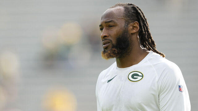 GREEN BAY, WISCONSIN - SEPTEMBER 24: Aaron Jones #33 of the Green Bay Packers looks on before a game against the New Orleans Saints at Lambeau Field on September 24, 2023 in Green Bay, Wisconsin.