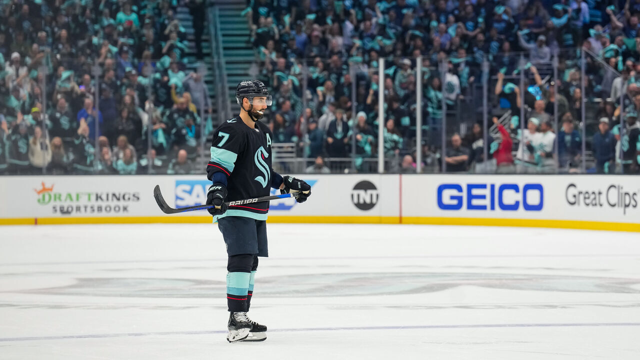 SEATTLE, WASHINGTON - APRIL 28: Jordan Eberle #7 of the Seattle Kraken looks on during the third period against the Colorado Avalanche in Game Six of the First Round of the 2023 Stanley Cup Playoffs at Climate Pledge Arena on April 28, 2023 in Seattle, Washington.