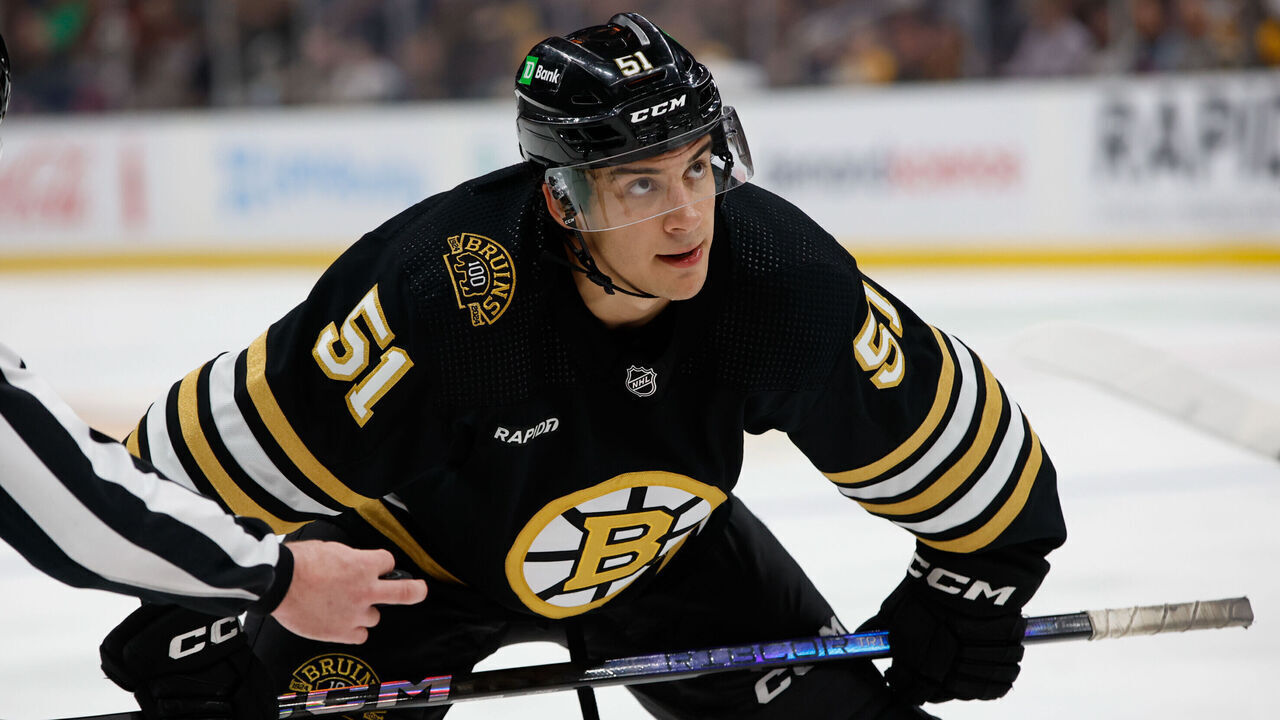 BOSTON, MASSACHUSETTS - OCTOBER 3: Matthew Poitras #51 of the Boston Bruins skates against the Washington Capitals during the third period of a preseason game at the TD Garden on October 3, 2023 in Boston, Massachusetts. The Capitals won 5-4 in overtime.