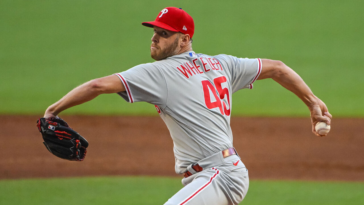 ATLANTA, GA - OCTOBER 09: Philadelphia Phillies starting pitcher Zack Wheeler (45) during the first inning of game 2 of the NLDS between the Philadelphia Phillies and Atlanta Braves on October 9, 2023, at Truist Park in Atlanta, GA.