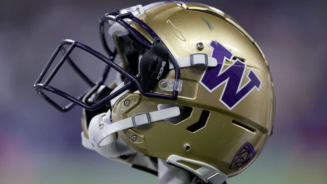 SEATTLE, WASHINGTON - SEPTEMBER 23: A detail of a Washington Huskies football helmet is seen during the game against the California Golden Bears at Husky Stadium on September 23, 2023 in Seattle, Washington.