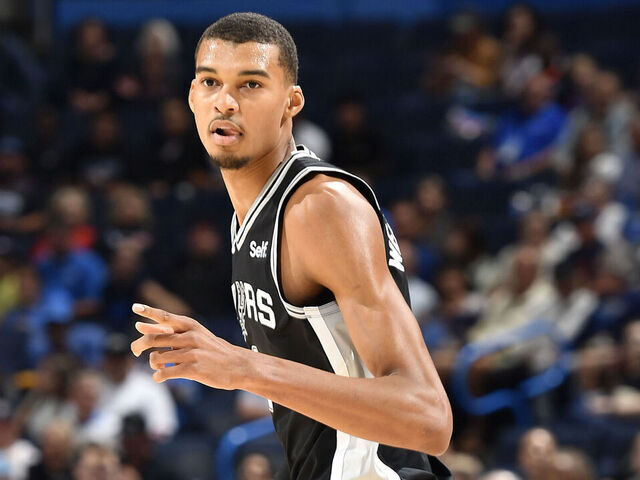 OKLAHOMA CITY, OK - OCTOBER 9: Victor Wembanyama #1 of the San Antonio Spurs looks on during the game against the Oklahoma City Thunder on October 9, 2023 at the Paycom Center in Oklahoma City, OK. Mandatory Copyright Notice: Copyright 2023 NBAE