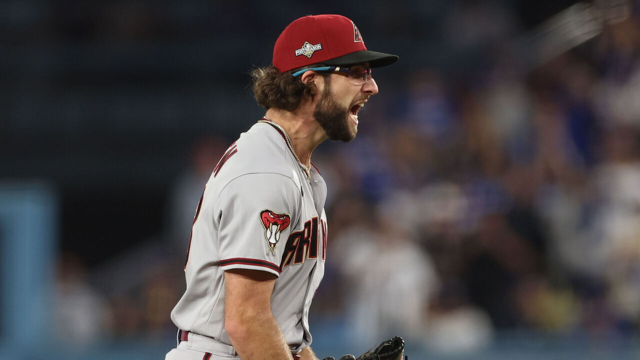 LOS ANGELES, CA - OCTOBER 09: Zac Gallen #23 of the Arizona Diamondbacks screams during Game 2 of the Division Series between the Arizona Diamondbacks and the Los Angeles Dodgers at Dodger Stadium on Monday, October 9, 2023 in Los Angeles, California.