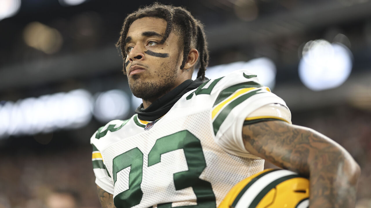 LAS VEGAS, NEVADA - OCTOBER 09: Jaire Alexander #23 of the Green Bay Packers looks on during the national anthem prior to an NFL football game between the Las Vegas Raiders and the Green Bay Packers at Allegiant Stadium on October 09, 2023 in Las Vegas, Nevada.