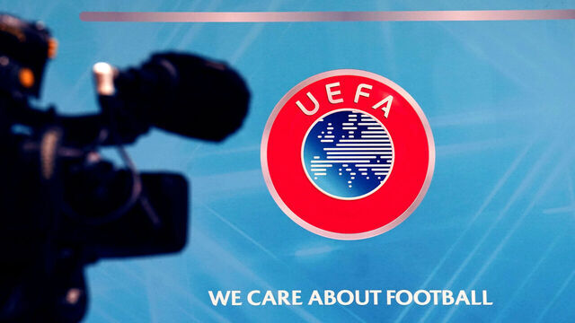 A television camera set up in front of a UEFA logo ahead of the Euro 2028 and Euro 2032 hosts announcement ceremony at the UEFA Headquarters in Nyon, Switzerland. Picture date: Tuesday October 10, 2023.