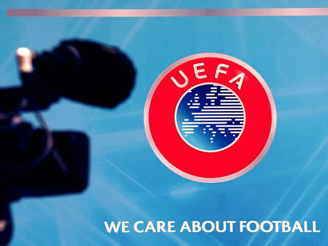 A television camera set up in front of a UEFA logo ahead of the Euro 2028 and Euro 2032 hosts announcement ceremony at the UEFA Headquarters in Nyon, Switzerland. Picture date: Tuesday October 10, 2023.