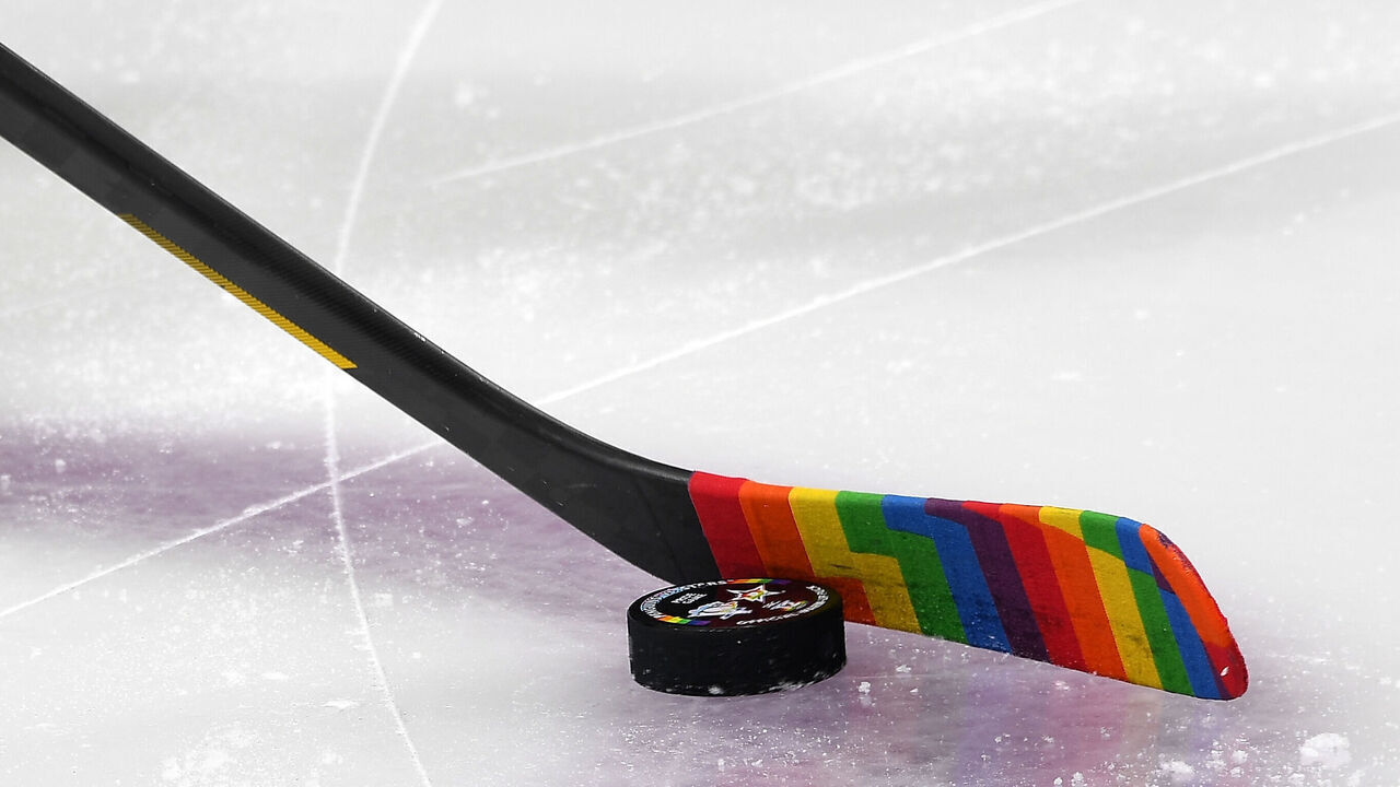 PITTSBURGH, PA - DECEMBER 12: A detailed view or a stick with Pride tape in honor of Pride Night prior to the game between the Dallas Stars and the Pittsburgh Penguins at PPG PAINTS Arena on December 12, 2022 in Pittsburgh, Pennsylvania.