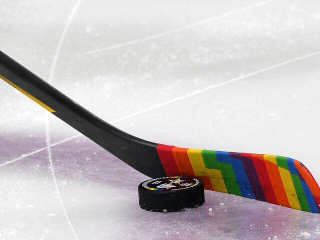 PITTSBURGH, PA - DECEMBER 12: A detailed view or a stick with Pride tape in honor of Pride Night prior to the game between the Dallas Stars and the Pittsburgh Penguins at PPG PAINTS Arena on December 12, 2022 in Pittsburgh, Pennsylvania.