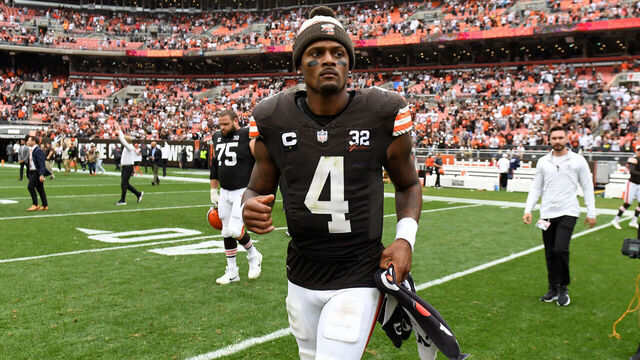 CLEVELAND, OHIO - SEPTEMBER 24: Deshaun Watson #4 of the Cleveland Browns runs onto the field after the teams 27-3 win over the Tennessee Titans at Cleveland Browns Stadium on September 24, 2023 in Cleveland, Ohio.