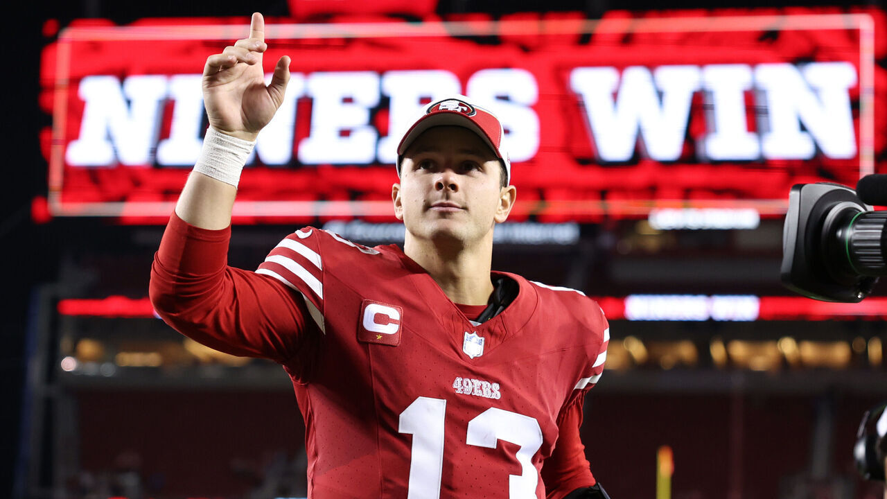 SANTA CLARA, CALIFORNIA - OCTOBER 08: Brock Purdy #13 of the San Francisco 49ers reacts after a 42-10 victory against the Dallas Cowboys at Levi's Stadium on October 08, 2023 in Santa Clara, California.