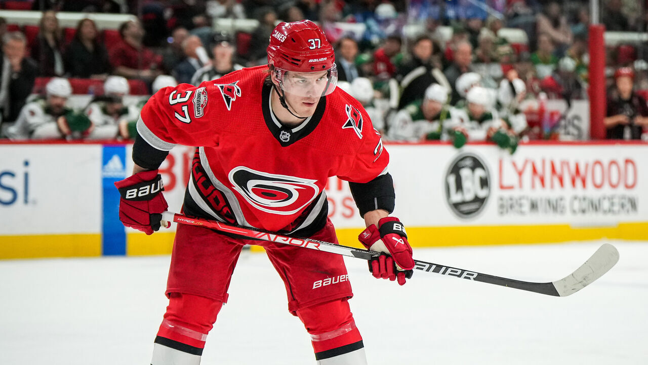 RALEIGH, NORTH CAROLINA - JANUARY 19: Andrei Svechnikov #37 of the Carolina Hurricanes skates during the third period against the Minnesota Wild at PNC Arena on January 19, 2023 in Raleigh, North Carolina.