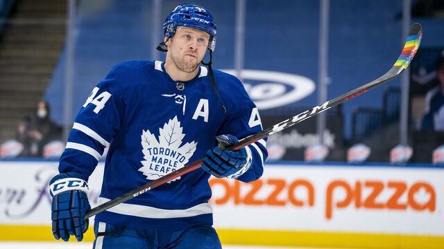 TORONTO, ON - MARCH 29: with pride tape on his stick, Morgan Rielly #44 of the Toronto Maple Leafs warms up before facing the Edmonton Oilers at the Scotiabank Arena on March 29, 2021 in Toronto, Ontario, Canada.