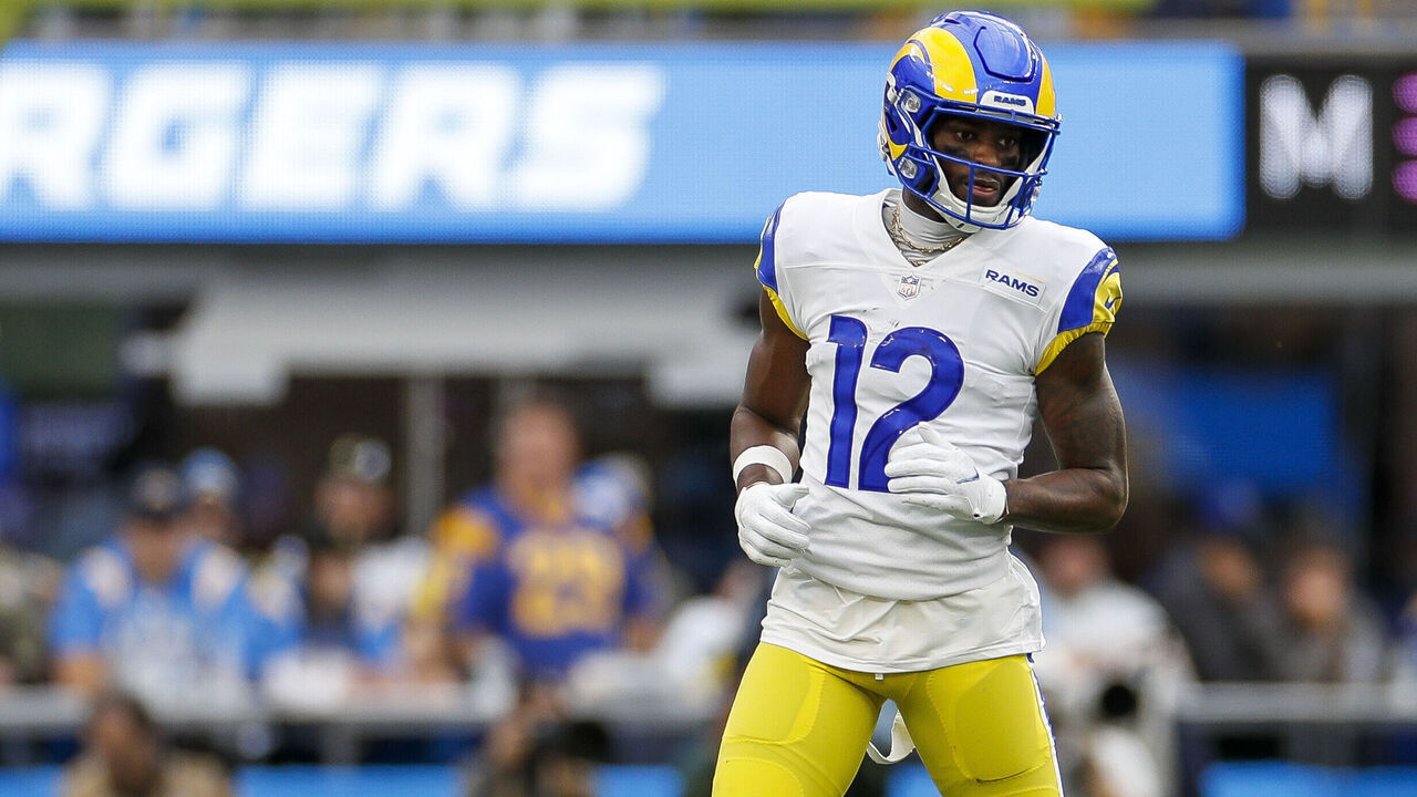 INGLEWOOD, CA - JANUARY 01: Los Angeles Rams wide receiver Van Jefferson (12) in an offensive stance during an NFL regular season game between the Los Angeles Rams and the Los Angeles Chargers on January 01, 2023, at SoFi Stadium in Inglewood, CA.