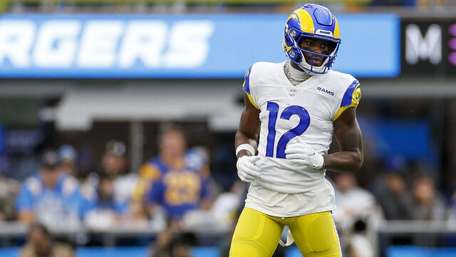 INGLEWOOD, CA - JANUARY 01: Los Angeles Rams wide receiver Van Jefferson (12) in an offensive stance during an NFL regular season game between the Los Angeles Rams and the Los Angeles Chargers on January 01, 2023, at SoFi Stadium in Inglewood, CA.