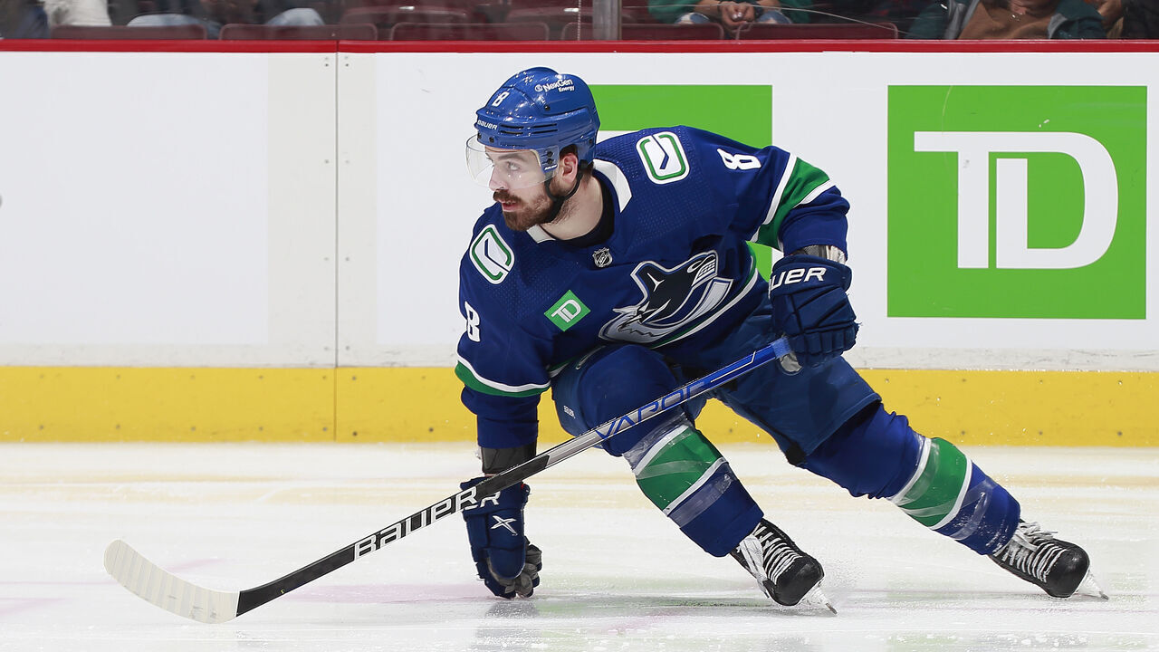 VANCOUVER, CANADA - APRIL 4: Conor Garland #8 of the Vancouver Canucks skates up ice during their NHL game against the Seattle Kraken at Rogers Arena April 4, 2023 in Vancouver, British Columbia, Canada.