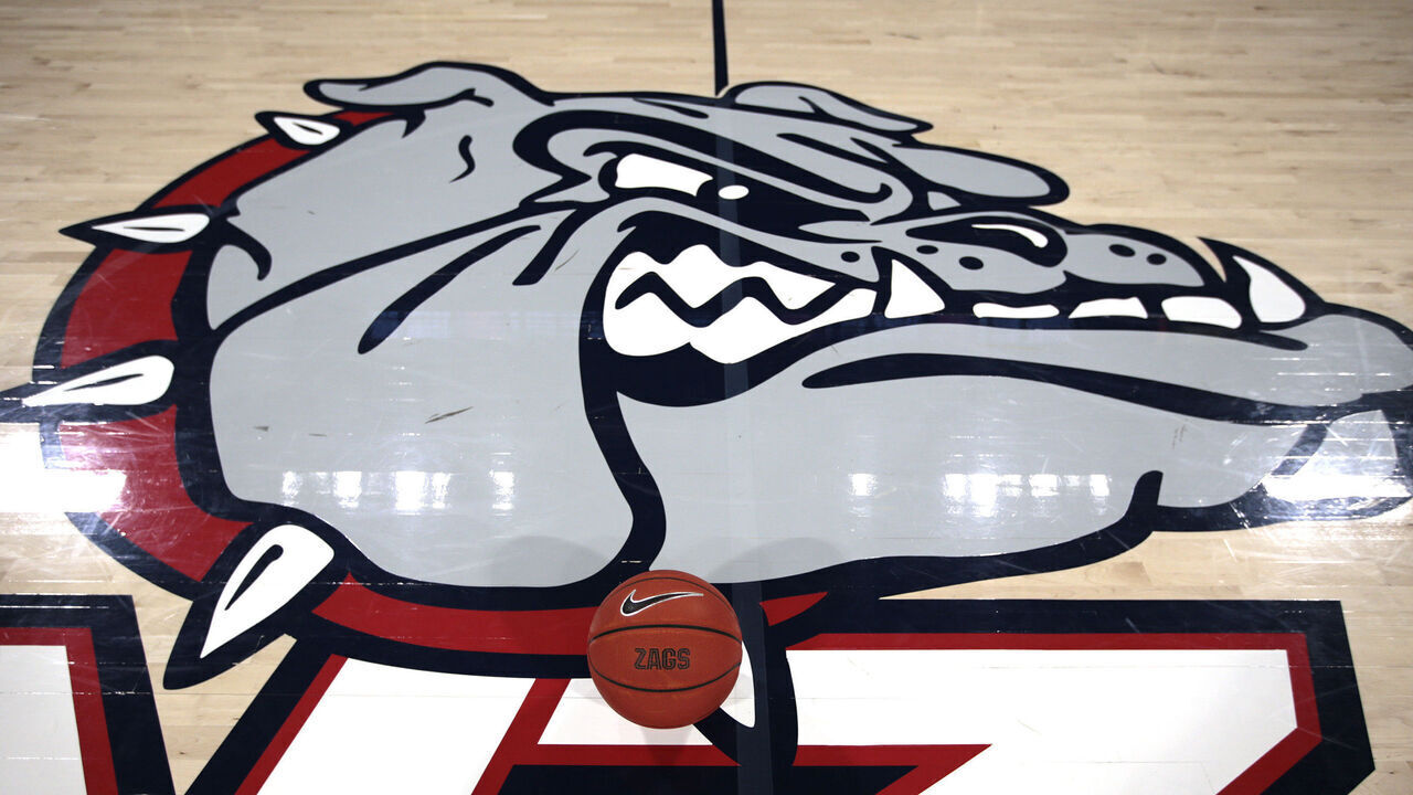 SPOKANE, WASHINGTON - FEBRUARY 20: A basketball sets on the court next to the Bulldogs logo prior to the start of the game between the San Francisco Dons and the Gonzaga Bulldogs at McCarthey Athletic Center on February 20, 2020 in Spokane, Washington.
