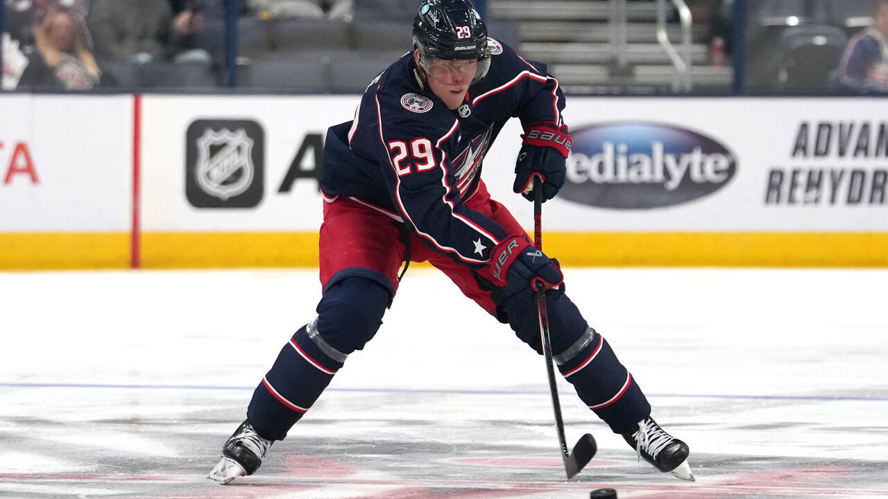 COLUMBUS, OHIO - SEPTEMBER 24: Patrik Laine #29 of the Columbus Blue Jackets skates with the puck during the second period against the Pittsburgh Penguins at Nationwide Arena on September 24, 2023 in Columbus, Ohio.