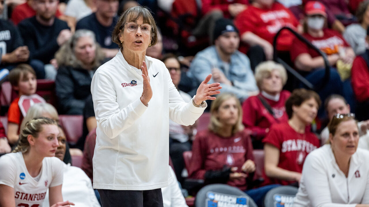 STANFORD, CA - MARCH 19: Stanford Cardinal head coach Tara VanDerveer encourages her team during the second round of the NCAA Womens Basketball Tournament between the Ole Miss Rebels and the Stanford Cardinal on Mar 19, 2023 at Maples Pavilion in Palo Alto, CA.