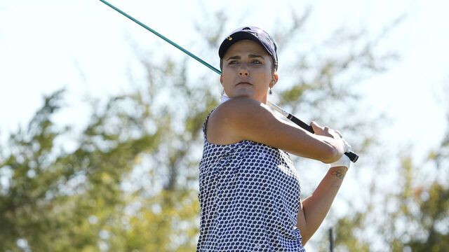 THE COLONY, TEXAS - OCTOBER 08: Lexi Thompson of the United States plays her shot from the 17th tee during the final round of The Ascendant LPGA benefiting Volunteers of America at Old American Golf Club on October 08, 2023 in The Colony, Texas.