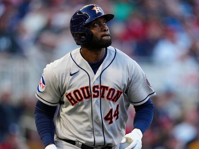 FILE - Houston Astros' Yordan Alvarez hits a three-run home run