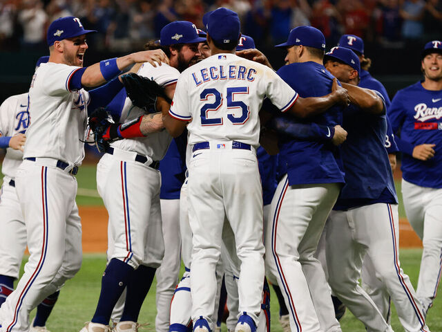 ARLINGTON, TX - OCTOBER 10: Members of the Texas Rangers celebrate their win over the Baltimore Orioles in Game 3 of the Division Series at Globe Life Field on Tuesday, October 10, 2023 in Arlington, Texas. The Rangers defeated the Orioles 7-1 to advance to the American League Championship Series.