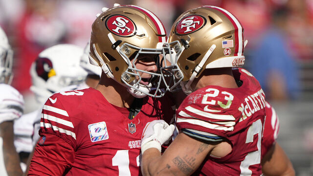 SANTA CLARA, CALIFORNIA - OCTOBER 01: Brock Purdy #13 of the San Francisco 49ers celebrates his rushing touchdown with Christian McCaffrey #23 during the fourth quarter against the Arizona Cardinals at Levi's Stadium on October 01, 2023 in Santa Clara, California.