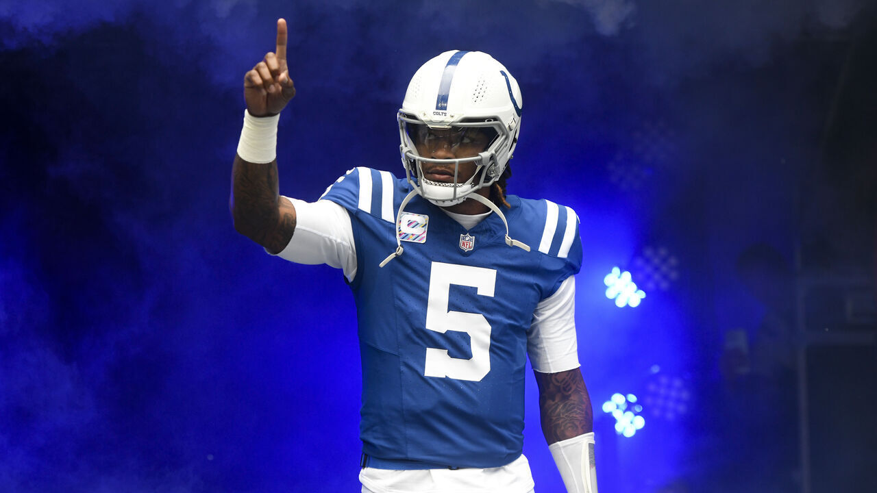 INDIANAPOLIS, IN - OCTOBER 08: Indianapolis Colts Quarterback Anthony Richardson (5) is introduced during pre-game festivities for the NFL game between the Tennessee Titans and the Indianapolis Colts on October 8, 2023, at Lucas Oil Stadium in Indianapolis, Indiana.